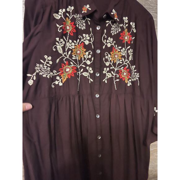April Cornell tunic blouse Large embroidery brown fall Cottagecore boho Vintage - Picture 4 of 13